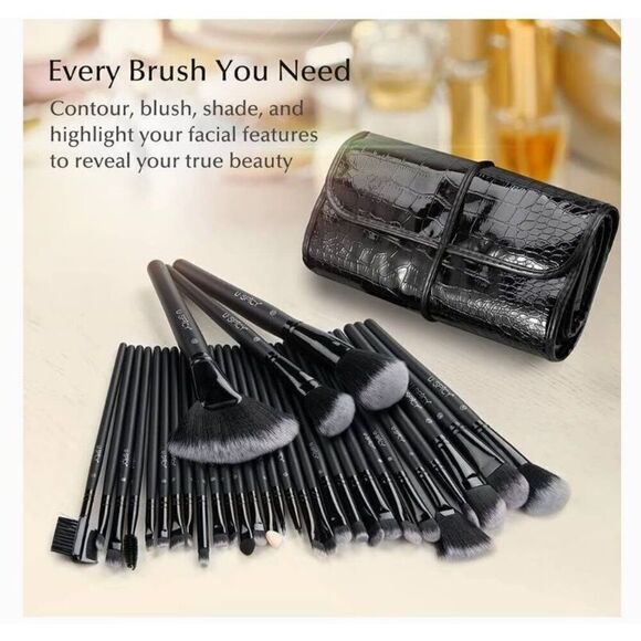 NEW~32 Piece Synthetic Fiber Professional Makeup Brush Set in Black Croco Pouch - Picture 8 of 10